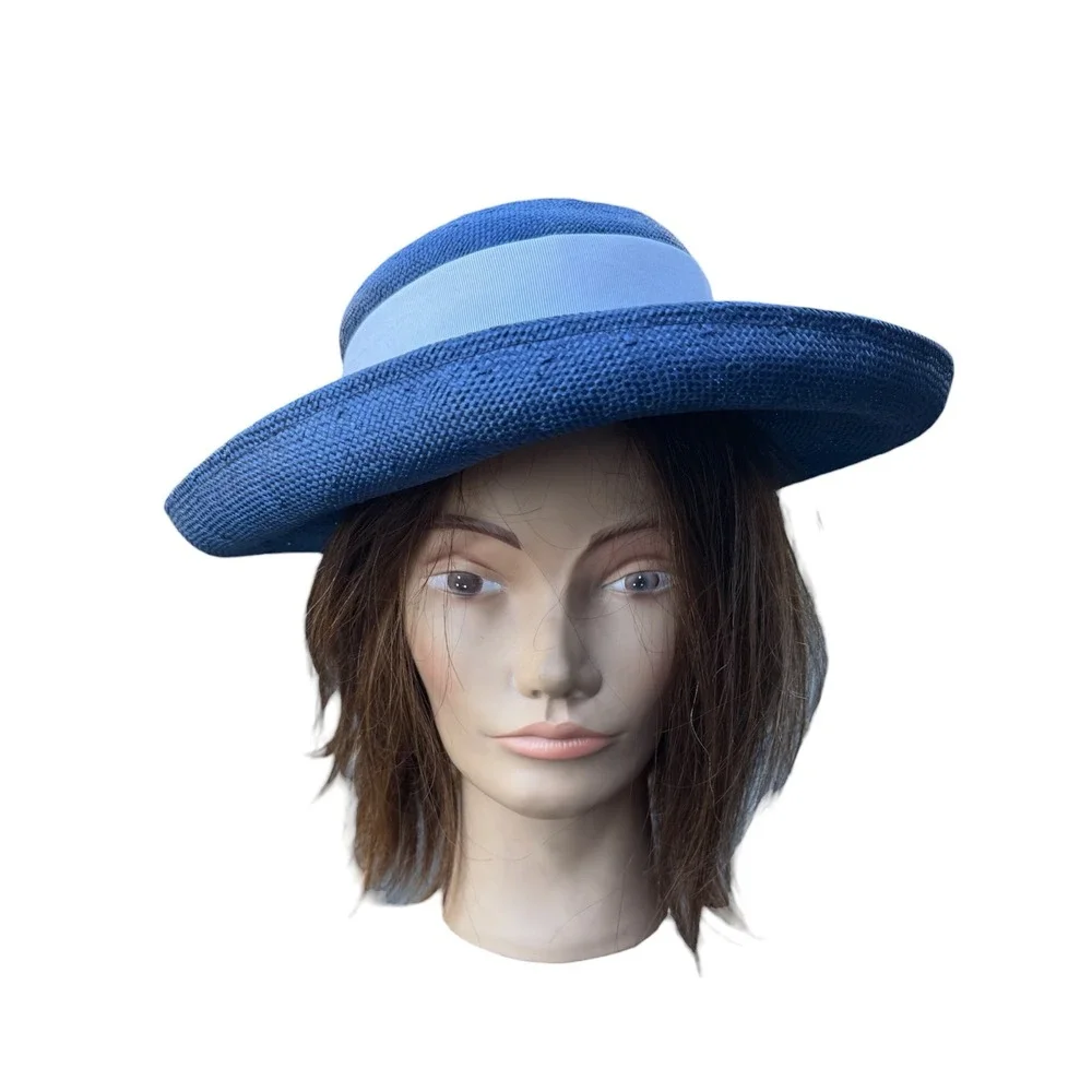 Vintage Royal Blue Straw Sun Hat with Light Blue Grosgrain Ribbon Bow Accent